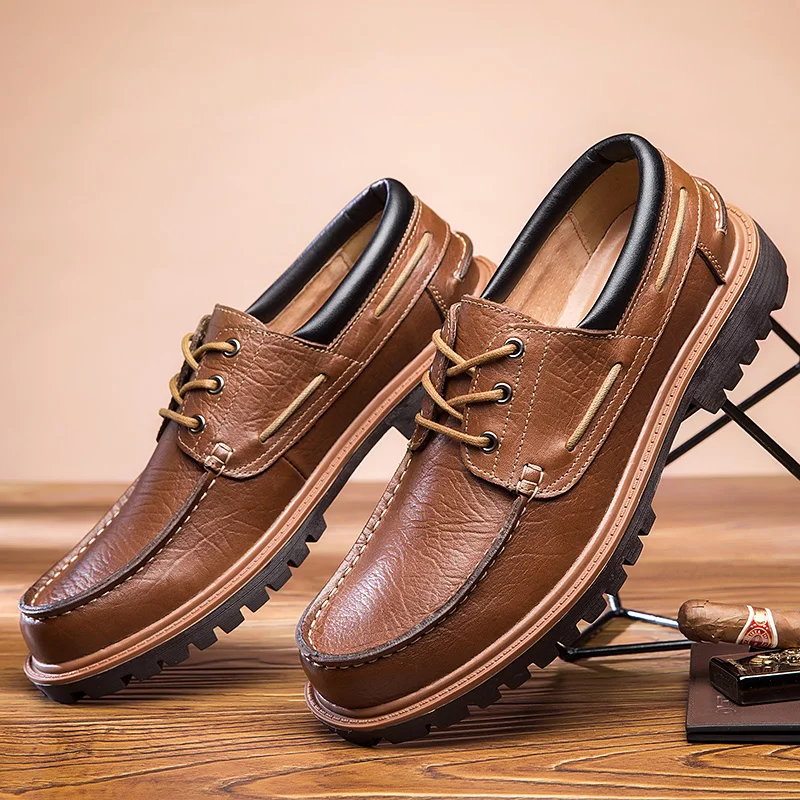 Large Size Luxury Brand Leather Boat Shoes British Style Handmade Fashion Casual Flats  4#15/15F50
