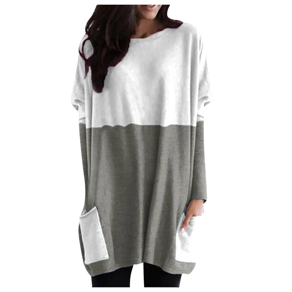 Blusas Mujer De Moda, женские модные повседневные свободные хлопковые топы с длинным рукавом, карманами и круглым вырезом