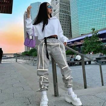 

Reflective Strip Patchwork Pants Woman Fashion Casual Trousers Hip Hop Streetwear Female Clothes Slim Fit Jogging Pant DG008