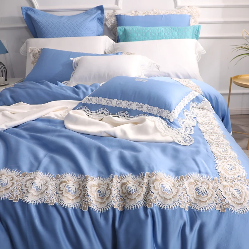 Luxury Lace Tencel Lyocell Blue Bedding Sets 4 Piece Natural Organic Silky Soft Princess Bedclothes Queen King Size Sheets