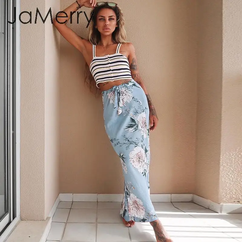 JaMerry, богемная длинная юбка с цветочным принтом, женская элегантная хлопковая винтажная юбка с галстуком-бабочкой, Повседневная Уличная мягкая женская летняя юбка
