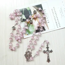 

QIGO Catholic Pray Jewelry Pink Opal Rosary Necklace Long Vintage Cross Pendant Necklace