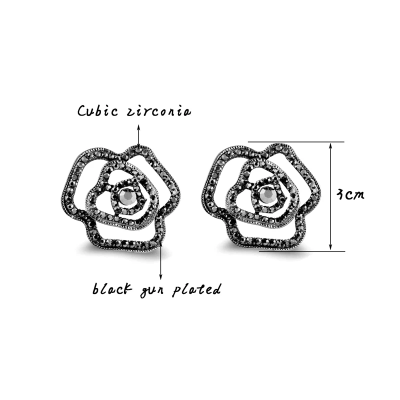 SINLEERY, винтажные большие полые розы, цветы, серьги-гвоздики с фианитом для женщин, серебро/черный цвет, вечерние ювелирные изделия ES108 SSH