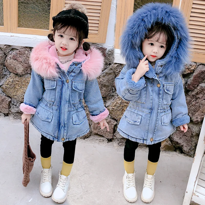 

2019 Winter Baby Girl Denim Jacket Plus Velvet Real Fur Warm Toddler Girl Outerwear Coat 1-4 Years Kids Infant Girl Parka
