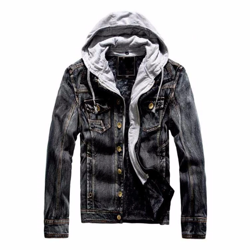 mens black jean jacket with hood
