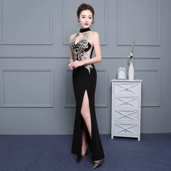

Sexy Slim Backless Halter Lady Qipao Exquisite Black Lace Evening Party Dress Formal Party Dress High Split Mermaid Vestidos