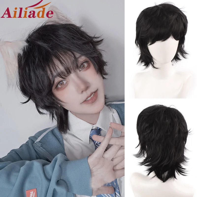 Ailiade-peluca de cabello sintético para hombre, cabellera artificial de 12 pulgadas con flequillo recto y corto, estilo Anime, fiesta diaria, resistente al calor, color negro
