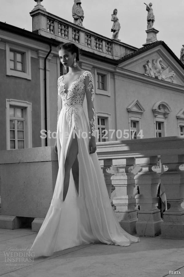

robe de mariee 2018 Berta Front Slit Chiffon Long Sleeves Lace Beach Wedding Dresses Elegant A Line Bridal Gown vestido de noiva