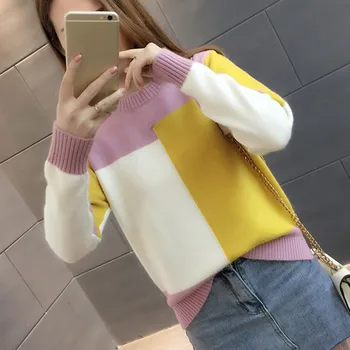 

B 2020 Autumn Winter Korean Contrast Color Sweater Women Long Sleeve Jumper Sweater And Pullover Knitted Sweater pull femme*