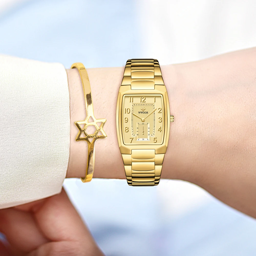 Elegant Gold Women's Waterproof Square Wristwatch with Steel Bracelet