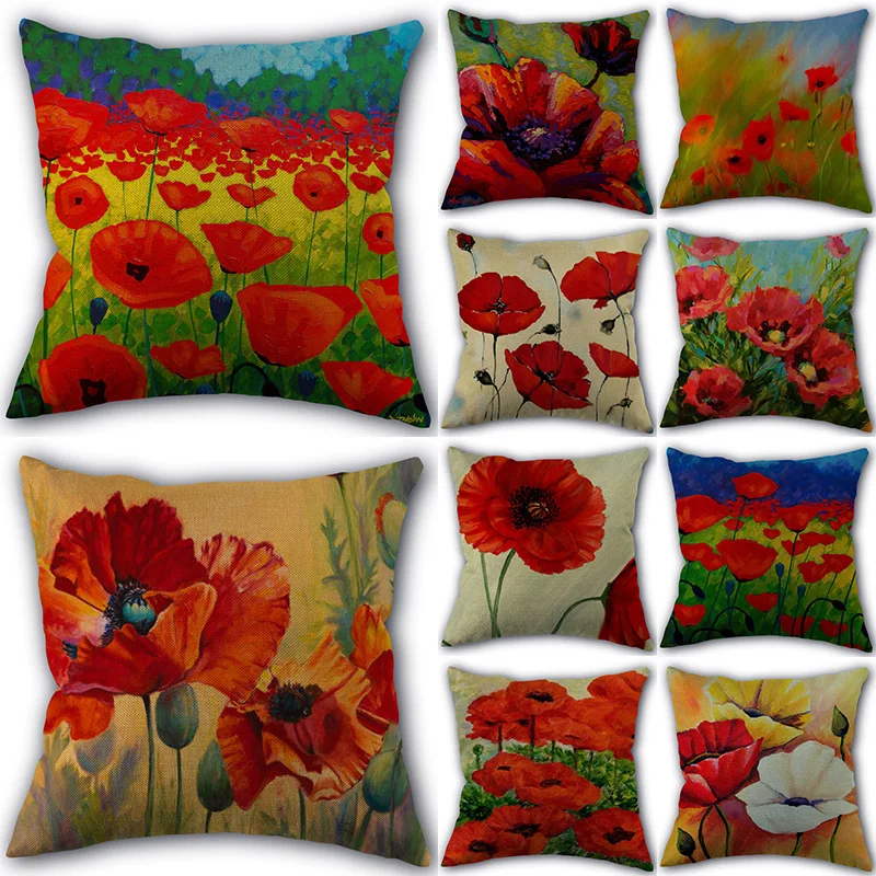 

Custom Poppy Flower Pillowcase Cotton Linen Fabric Square Zipper Pillowcase New Arrival 45X45cm Wedding Decorative Pillow cover
