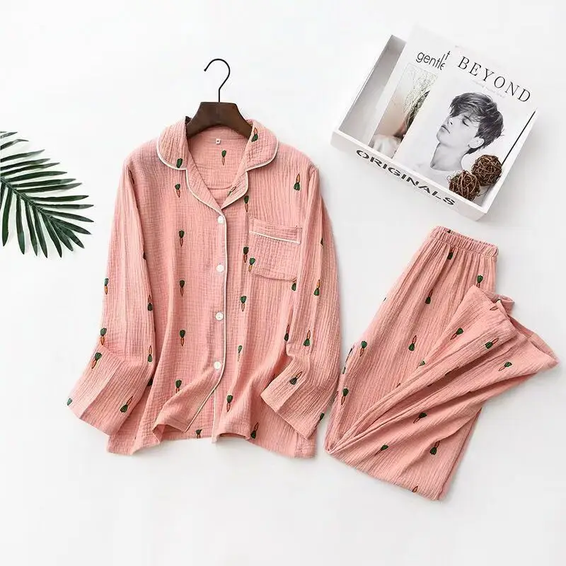Dark pink Новинка, осенне-зимняя Пижама с морковкой, пижамный комплект для пары, хлопок, двойная газовая пижама с длинными рукавами, брюки, домашняя одежда, костюм - Цвет: Dark pink