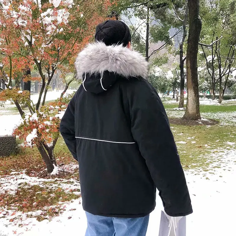Students Fur Collar Hooded Korean-style Cotton-padded Clothes Winter Workwear Loose Thick Cotton Coat Fashion Solid Color Men IN