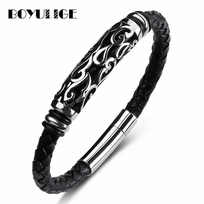 High End luxury Genuine Leather Bracelet Men Golden Hoop Buddha Totem Stainless Steel Male Bracelets& Bangles Women New Jewelry