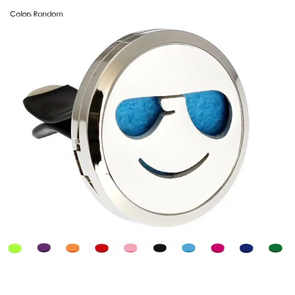 1 Set Of Round Aroma Pattern Stainless Steel Car Vent Clip Oil Diffuser With 1 Free Felt Pads Colors Random