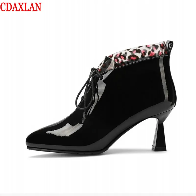

CDAXILAN new to women's short boots genuine cow patent leather Cross straps martin boots pointed toe spike-heels ankle boots