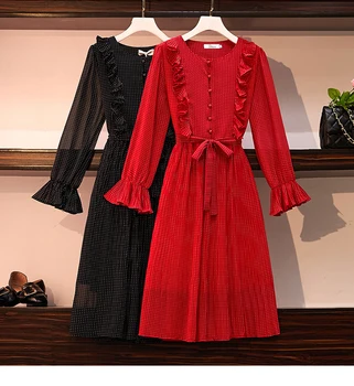 

HAMALIEL Autumn Women Chiffon Pleated Dress 2019 Fashion Plus Size Ruffles Dot Print Red Dress Sweet Flare Sleeve Belt Vestidos