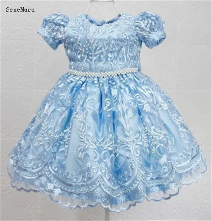 Новое арабское кружевное платье с аппликацией, голубое Пышное Платье с цветочным узором для девочек детские праздничные платья для дня рождения праздничная одежда для малышей с бантом