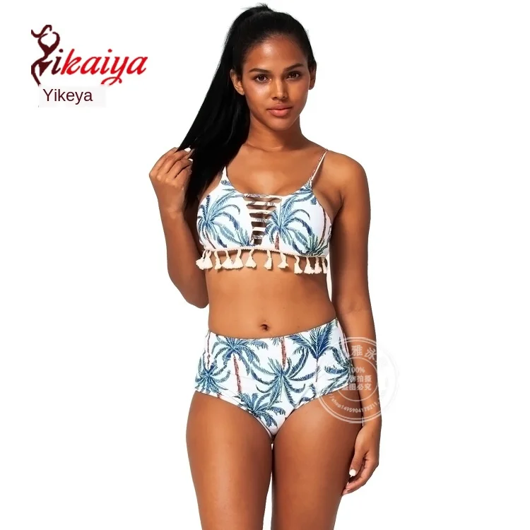 Купальник бикини с бахромой и высокой талией принтом кокосовой пальмы