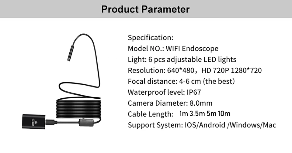 PROSTORMER 8 мм Wifi эндоскоп 720P труба Инспекционная камера IP67 Водонепроницаемый эндоскоп Android iOS змеиная трубка промышленная камера