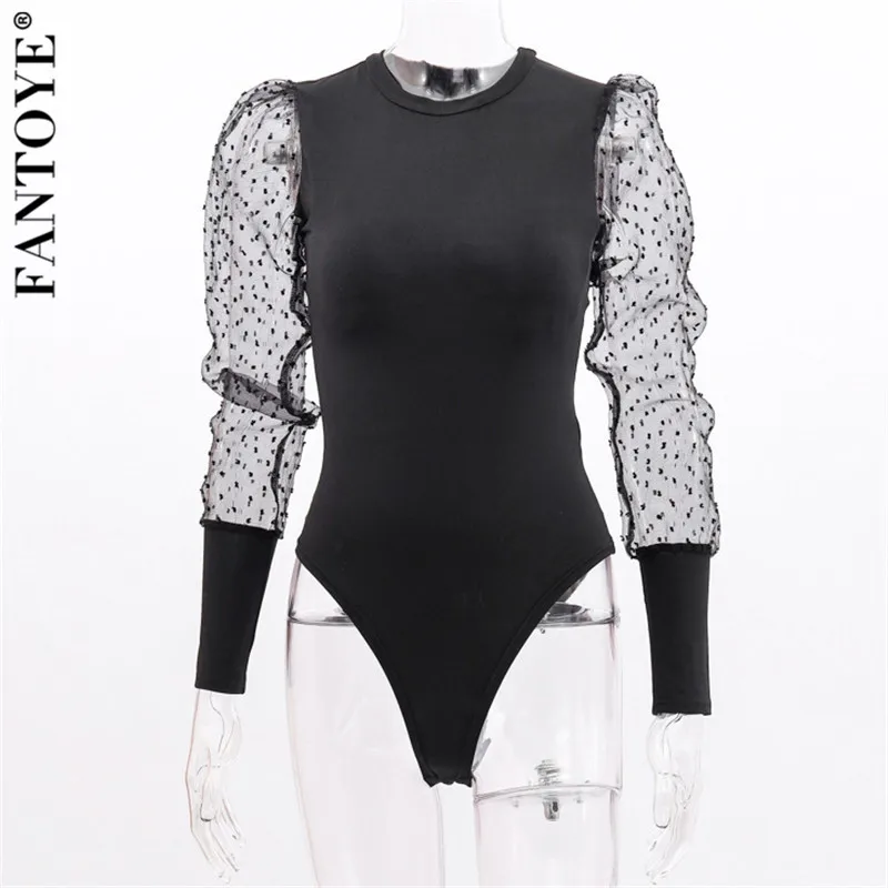 Черный FANTOYE/Новинка; кружевное Женское боди с пышными рукавами; Осенний комбинезон в горошек с длинными рукавами в винтажном стиле; Облегающий комбинезон; топы; обтягивающие сетчатые боди - Цвет: Черный