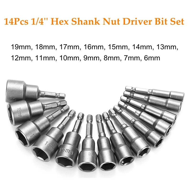 

14Pcs 6-19Mm Grey Adapter Drill Bit 1/4 Inch Socket Magnetic Nut Driver Set For Power Drills Steel Hex Shank Magnet Holds