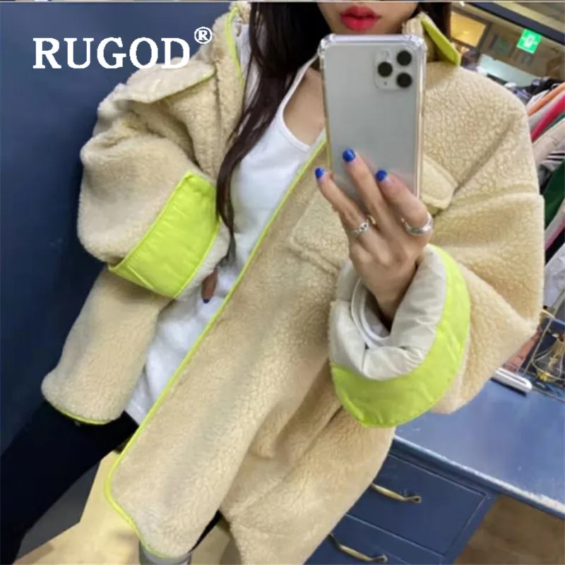Пальто женское RUGOD, уличная одежда, пальто из овечьей шерсти, женская модная флисовая куртка яркого фиолетового цвета, цвета хаки, большой размер, зимняя куртка с карманами, Женское шерстяное пальто