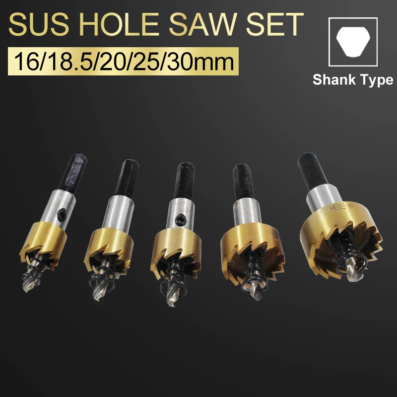 

5Pcs HSS Drill Bit Set Hole Titanium plated Saw Set Stainless Steel Metal Handle Tools 16/18.5/20/25/30mm