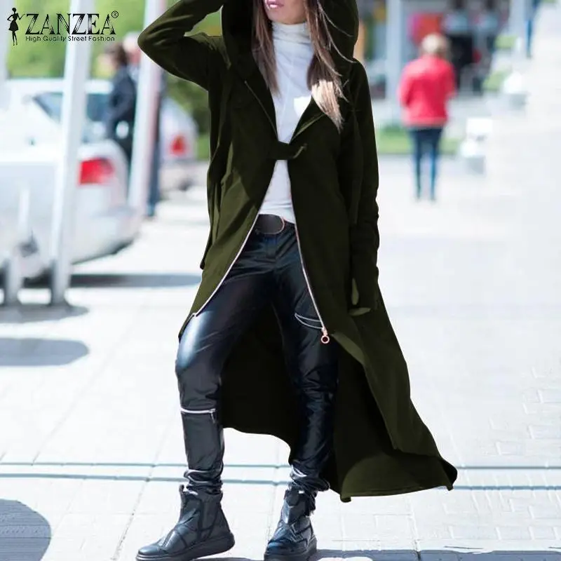 

Women Casual Zipper Long Outwear ZANZEA 2019 Winter Irregular Coats Autumn Solid Hooded Long Sleeve Jackets Female Overcoat Robe