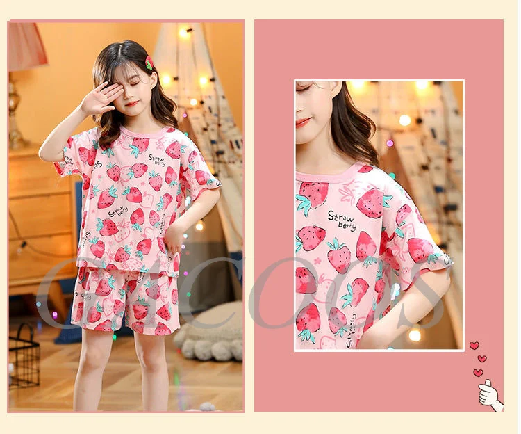 New Teens Baby Girl Pajamas Summer Short Sleeved Children's Clothing Sleepwear Cotton Pyjamas Sets For Kids 4 6 8 10 12 14 Years cheap pajama sets	