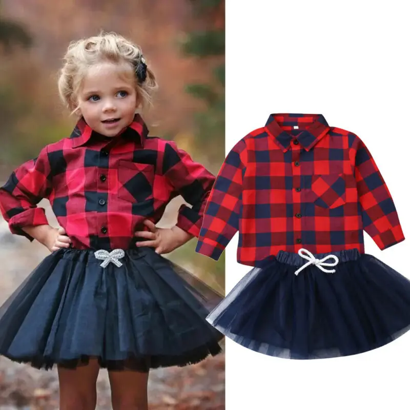 

2Pcs Toddler Baby Girls Outfit Plaid Long Sleeve Shirt Button Down Tops + Tulle Skirt Tutu Dress Christmas Outfits Set 0-4Months