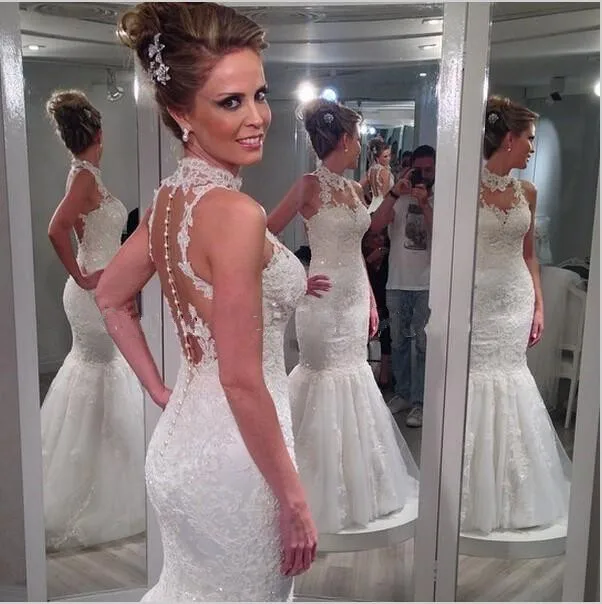 

2018 High Neck Mermaid Sheer Back Button Sweep Train Lace Applique vestido de noiva Bridal Gown mother of the bride dresses
