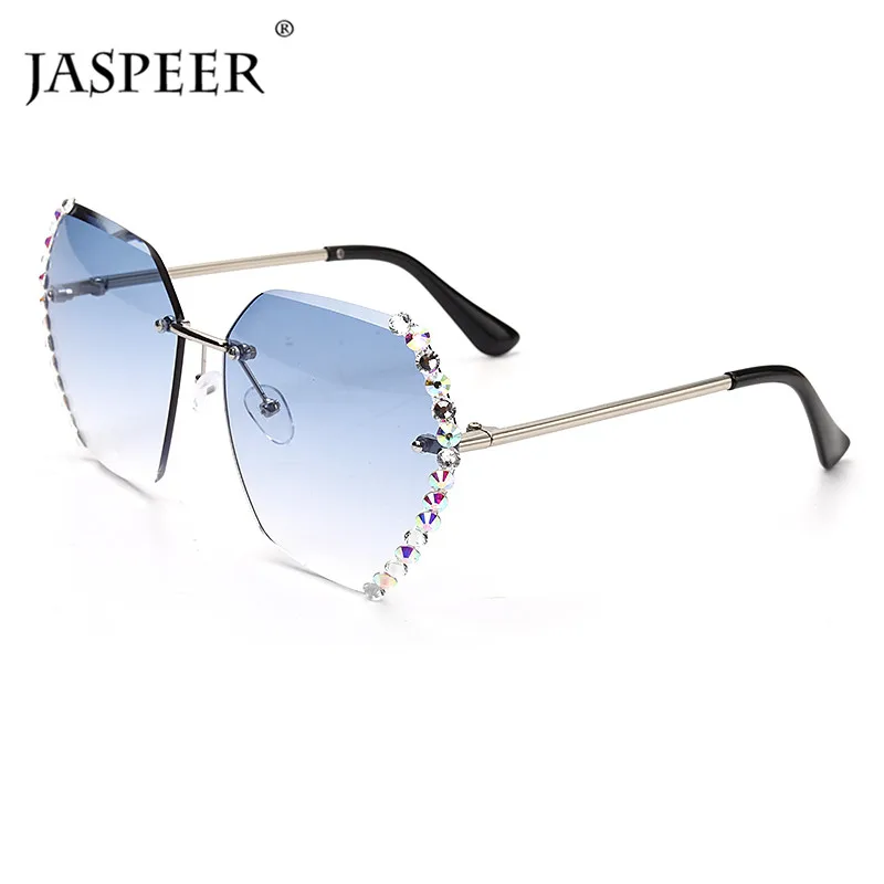 

JASPEER New Crystal Rimless Sunglasses Women Luxury Brand Designer Rhinestone Frameless Gradual Sun Glasses Shades Hexagon