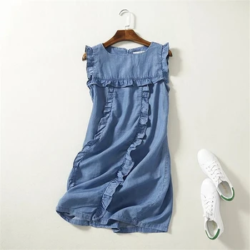 

high waist sleeveless soft jeans dress frilled women ruffles casual summer sundress short denim beach dress cotton