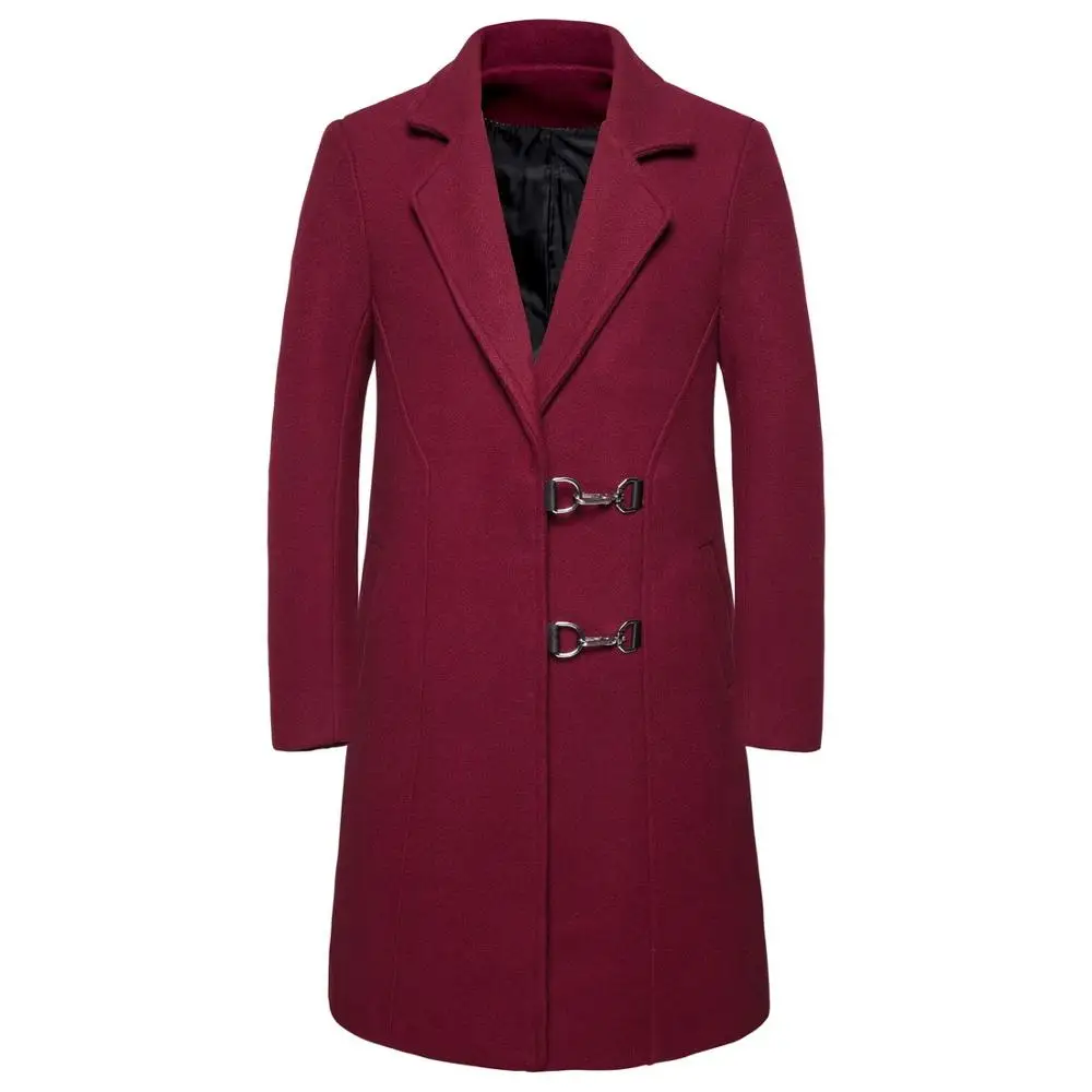 Red Woolen Coats Зимняя мужская шерстяная куртка, модная Железная пряжка, длинные секционные толстые куртки с отворотами, мужские однотонные повседневные теплые куртки, пальто - Цвет: Red Woolen Coats