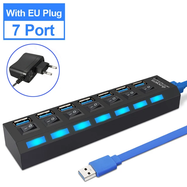 Usb-концентратор 3,0 4/7 порт Micro USB 3,0 концентратор разветвитель с адаптером питания мульти USB C Hab высокоскоростной 5 Гбит/с Тип C 3 переключатель концентратора для ПК - Цвет: 7 Port Black With EU