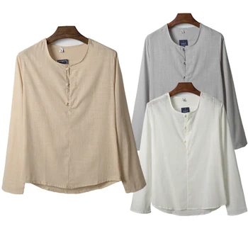 

Summer New Large Size 5XL Linen Shirt Men's Cotton Retro Casual Chinese Style Shirt Solid Color Loose Long Sleeve Men's Clothing
