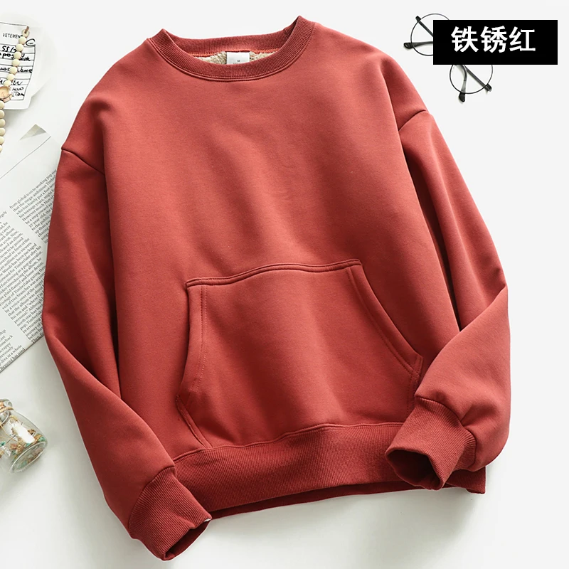 Light Red Зимняя Теплая Бархатная толстовка, Женские базовые кашемировые фуфайки, женские зимние свободные толстые желтые толстовки для женщин - Цвет: Light Red