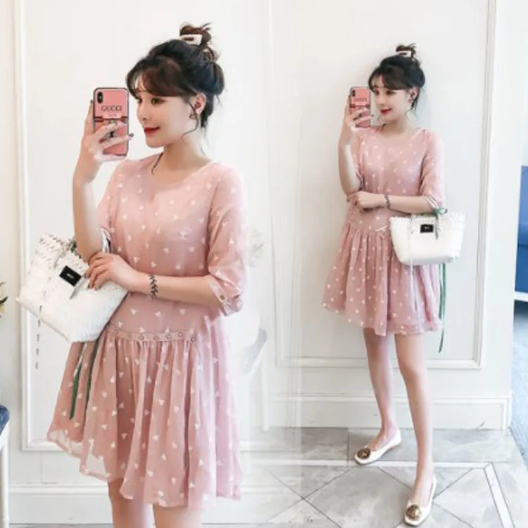 

2020 New Maternity Chiffon Shirt Top 2020 Spring And Summer New Tide Mom Pink Doll Short Sleeve Women's Pregnant Women Dress