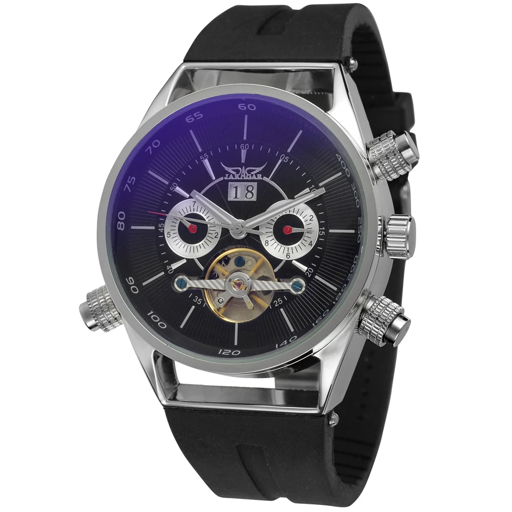 

JARAGAR Brand Mens Watch Tourbillion Fashion Black Silicone Clock Multi Function Display Mens Automatic Mechanical Watches