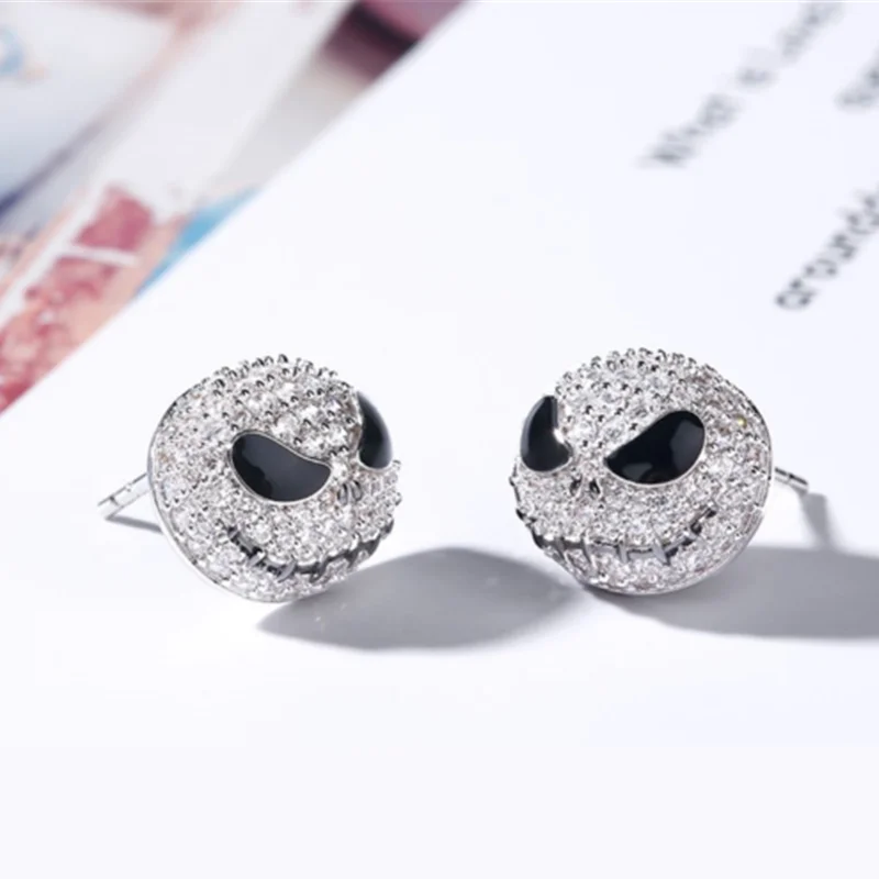 Кошмар перед Рождеством, серьги-гвоздики с черепом, готический Джек, серебряные серьги с кристаллами, Женские Ювелирные изделия на Хэллоуин, подарок на Рождество
