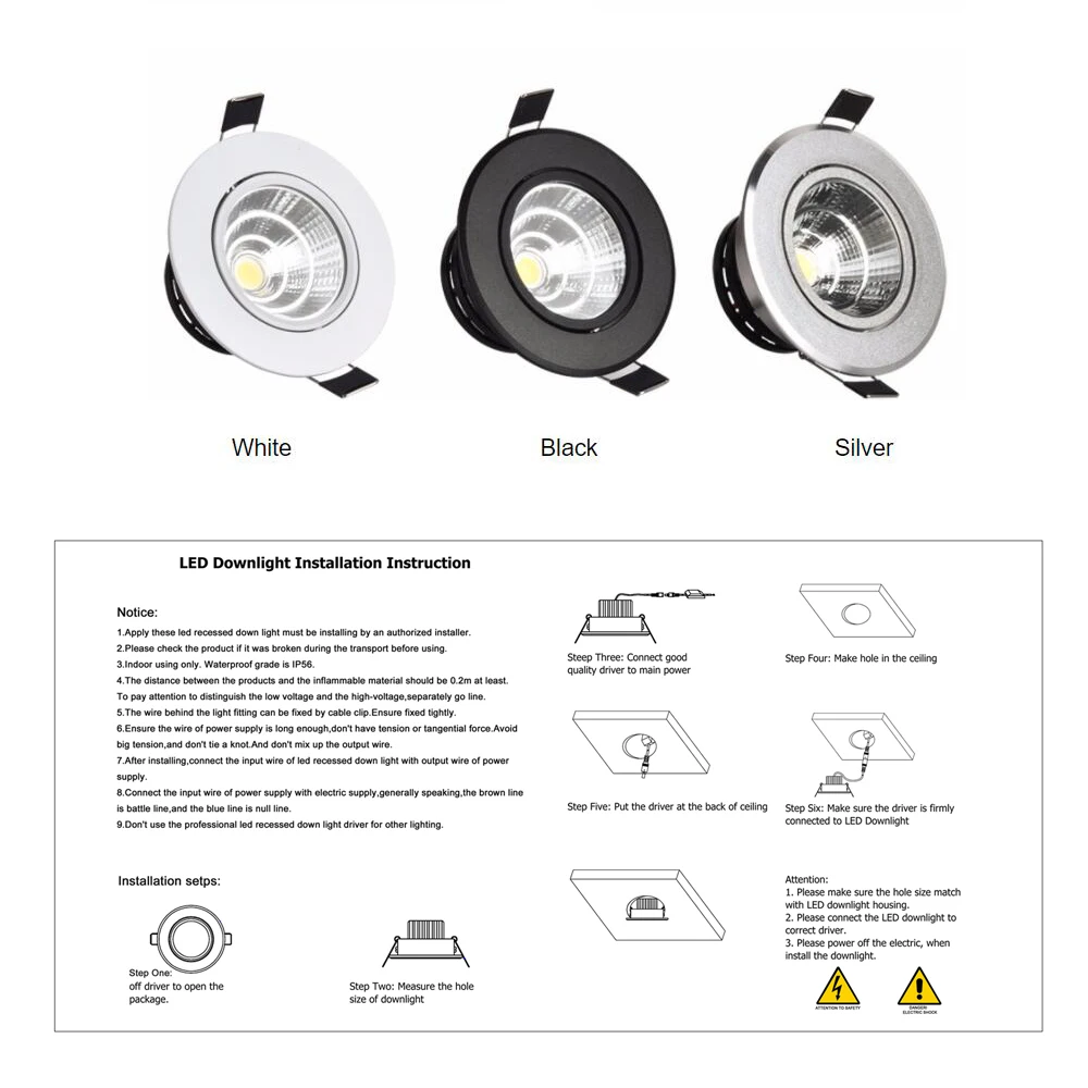 12V 3W COB Spot LED Downlight for Cabinet Ceiling Lighting 270-330lm Aluminum Cut Out Hole 68-75mm 5