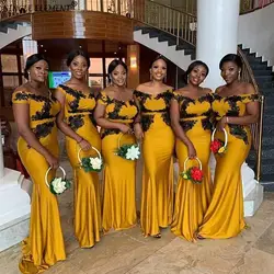 Новейшие африканские золотые Сатиновые платья подружки невесты на шнуровке, свадебные вечерние платья