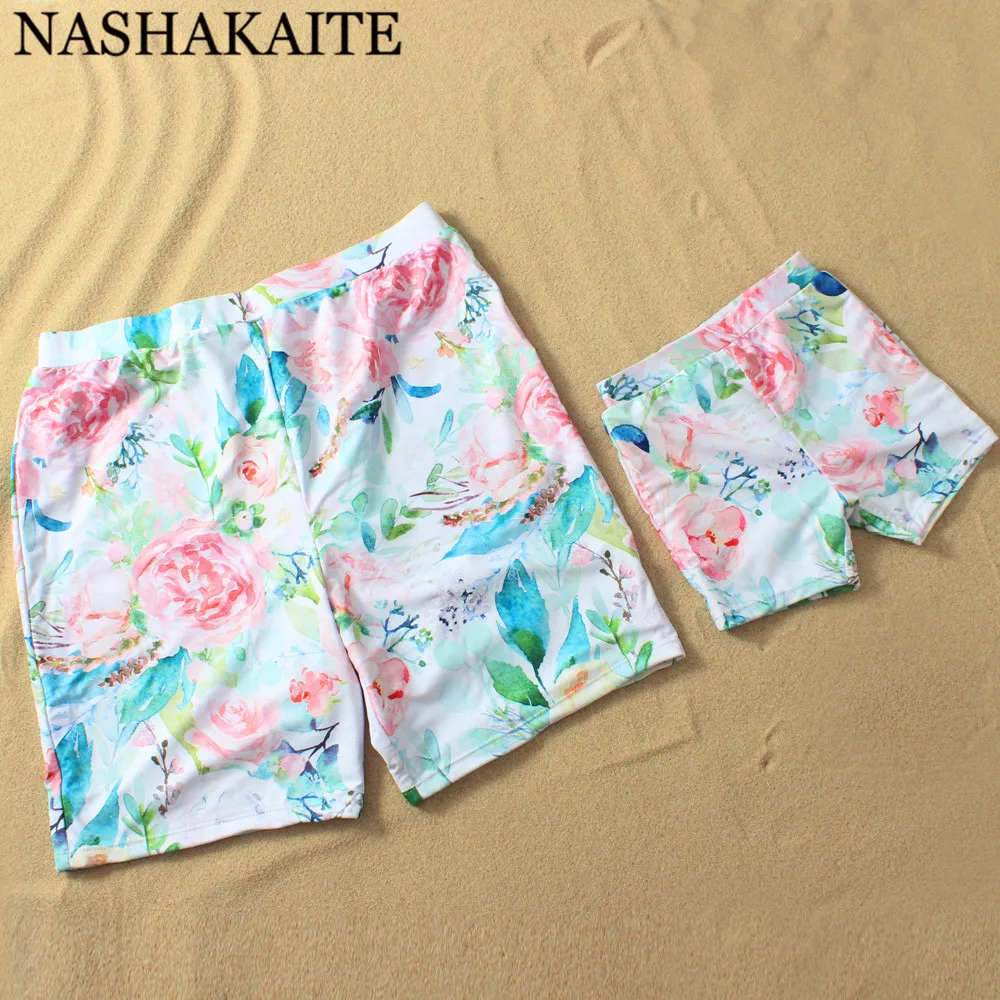 NASHAKAITE/одинаковые купальники для всей семьи; Новинка года; розовый купальник с цветочным принтом для мамы и дочки; плавки для папы и сына