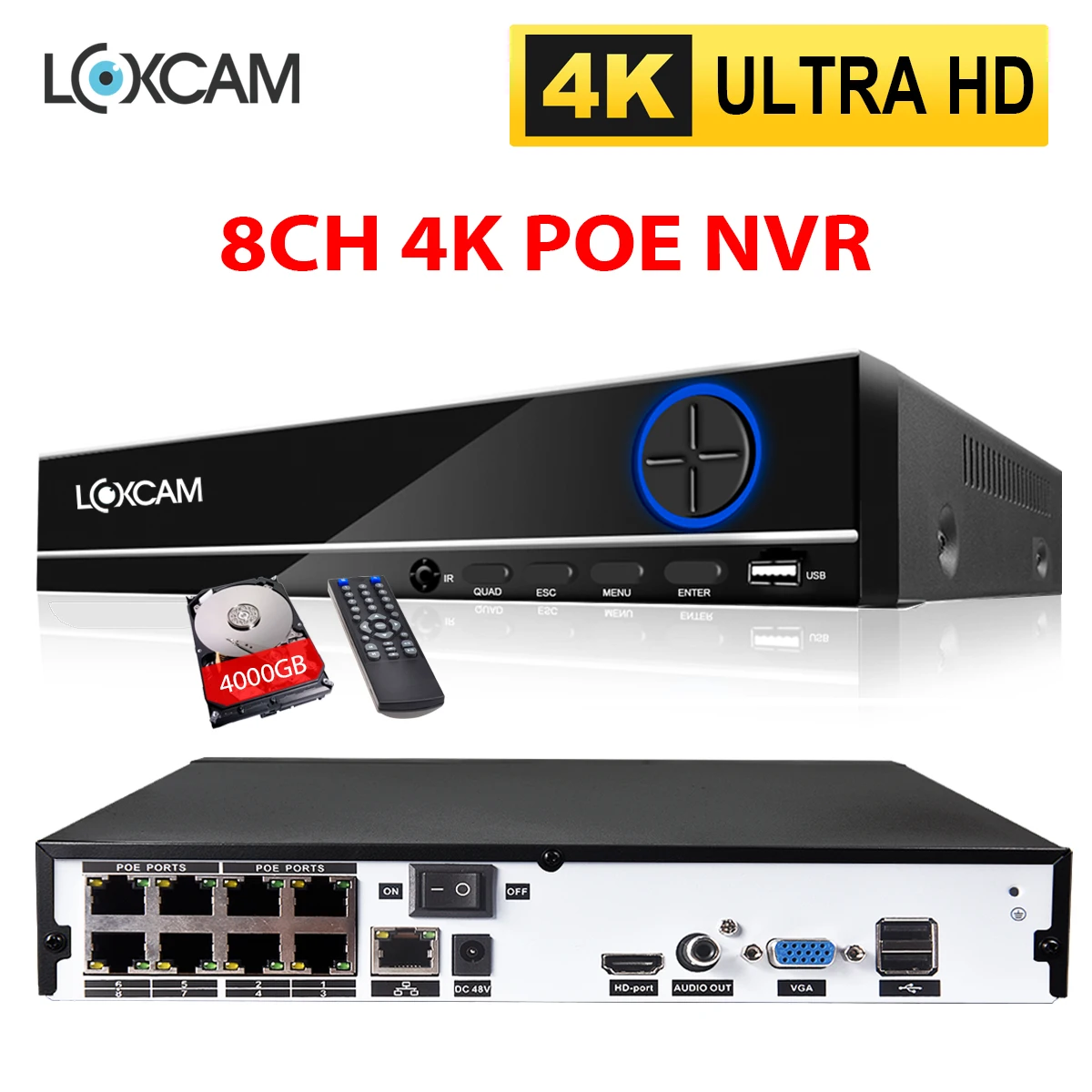 LOXCAM H.265 + 8CH 4K CCTV red NVR 48V 8MP POE seguridad vigilancia NVR Recorder Onvif 2,2 P2P HDMI