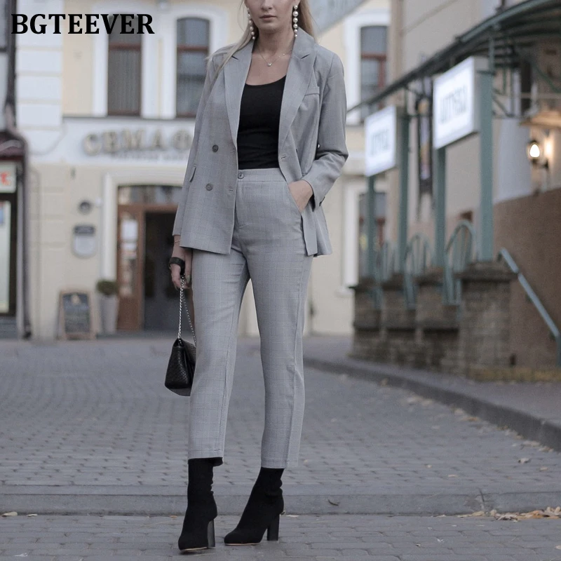 BGTEEVER, винтажный клетчатый женский брючный костюм, двубортный пиджак и брюки-карандаш, Женский блейзер, комплект, Ретро стиль, женский брючный костюм