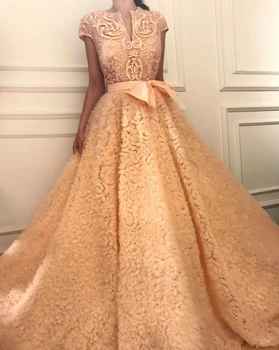 

Cap Sleeves Muslim Evening Dresses 2019 A-line Tulle Appliques Beaded Ruffles Islamic Dubai Saudi Arabia Long Evening Gown Prom