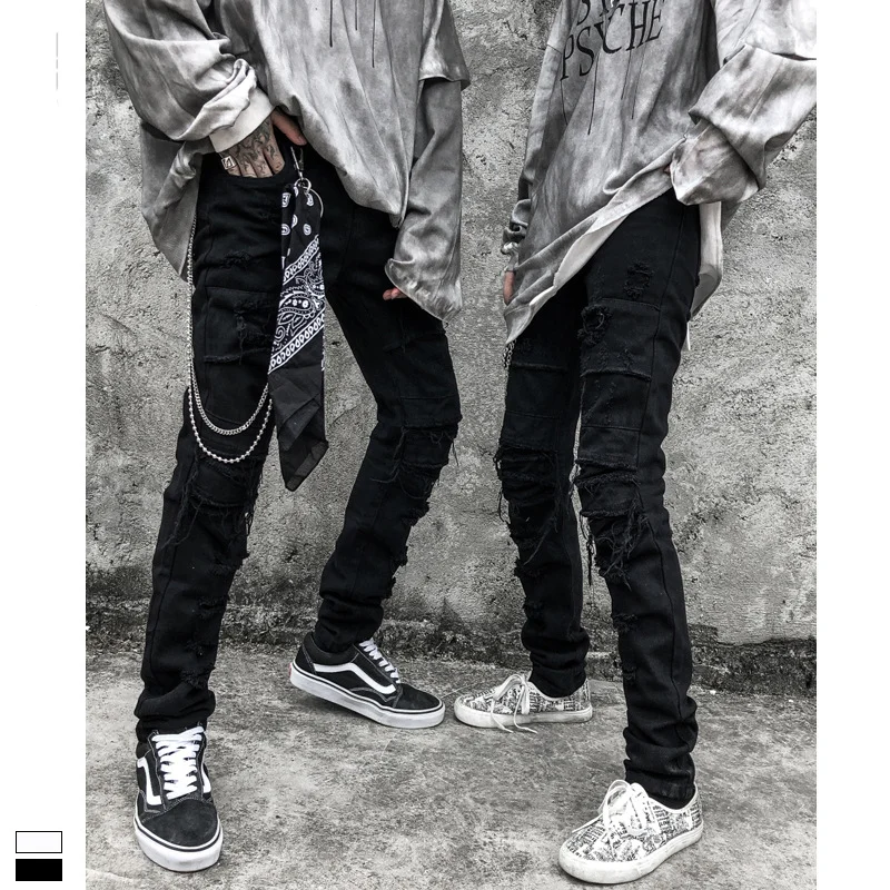 High Street Men's Ripped Jeans Hip Hop Straight Skinny Pants Streetwear Black Casual Couple Denim Trousers Fashion Men Clothing 1