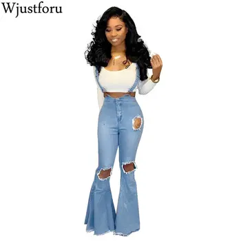 

Wjustforu Fashion Sexy Hole Denim Overalls For Women Bellbottoms Elegant Bodycon Jean Flare Jumpsuit Ripped Big Flare Bodysuit