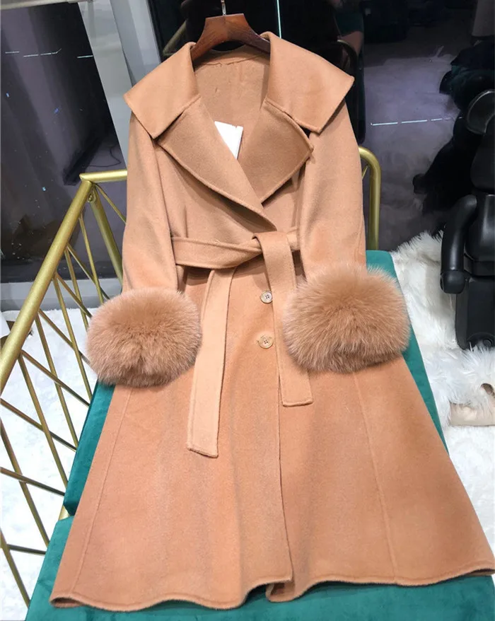 Высококачественное двухстороннее кашемировое пальто с натуральным лисьим мехом на манжетах, повседневное женское длинное пальто с поясом